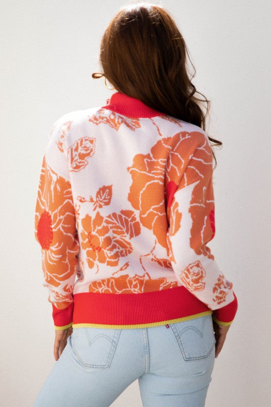 Floral Half Zip Collared Pullover Sweater - Sleekdenim.com