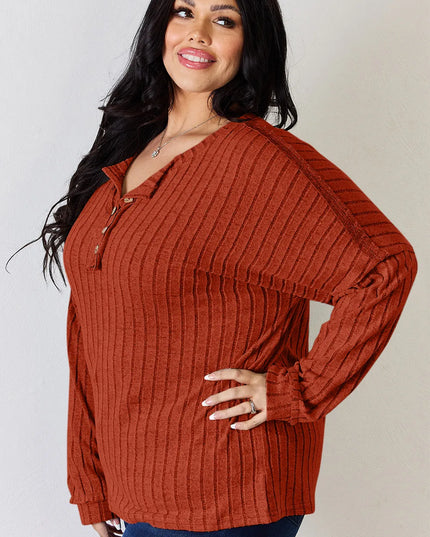 Basic Bae Full Size Ribbed Half Button Long Sleeve T-Shirt - Sleekdenim.com