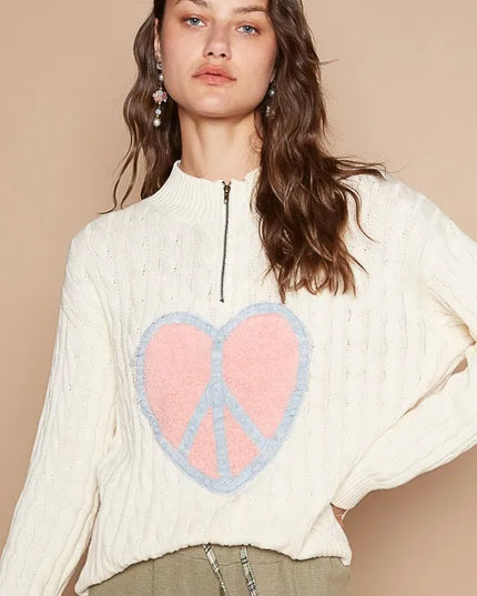 POL Cable-Knit Peace Patch Dropped Shoulder Sweater - Sleekdenim.com