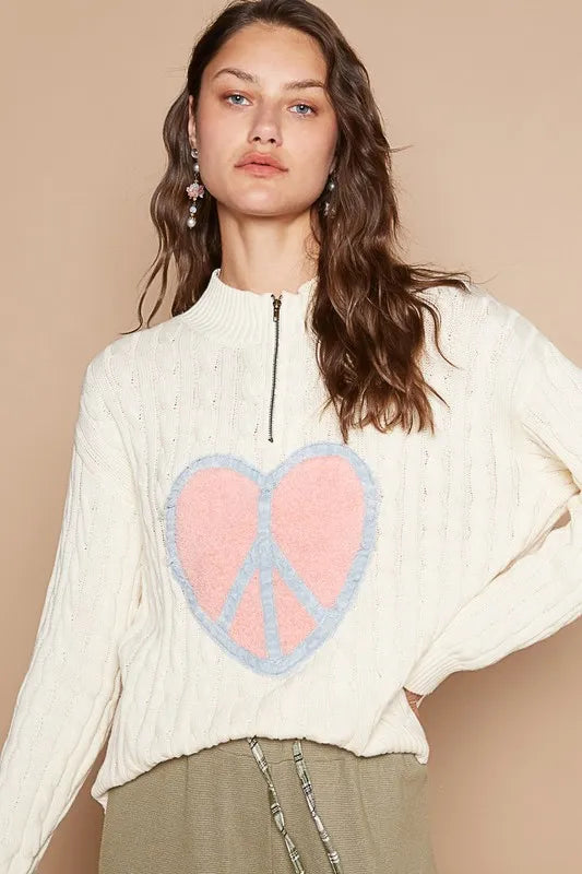 POL Cable-Knit Peace Patch Dropped Shoulder Sweater - Sleekdenim.com
