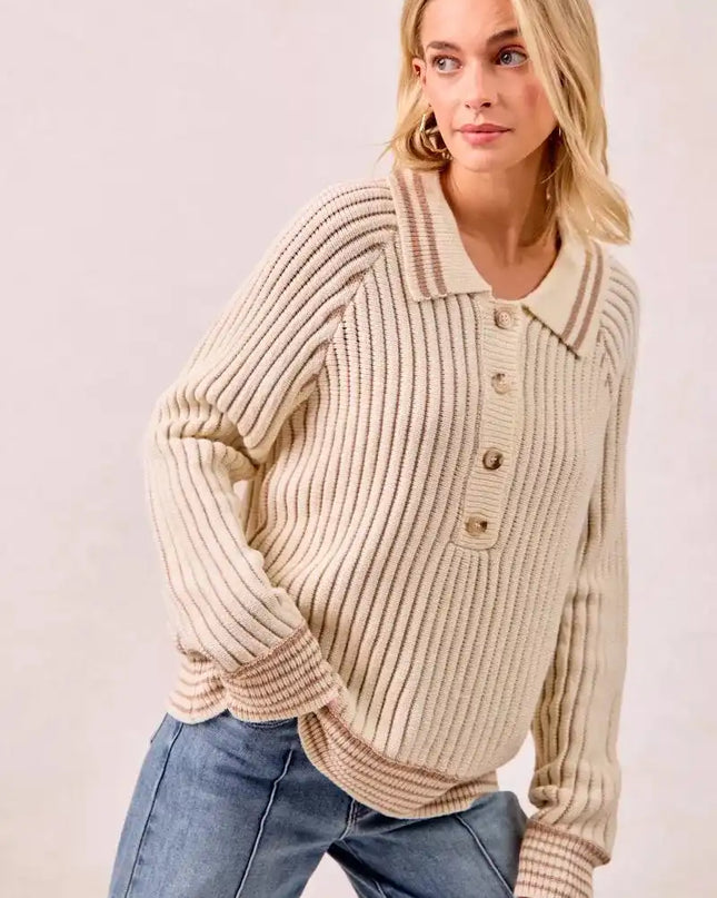 BiBi Half Button Ribbed Two Tone Sweater - Sleekdenim.com