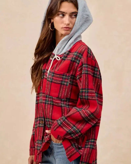 BiBi Brushed Plaid Hooded Jacket - Sleekdenim.com