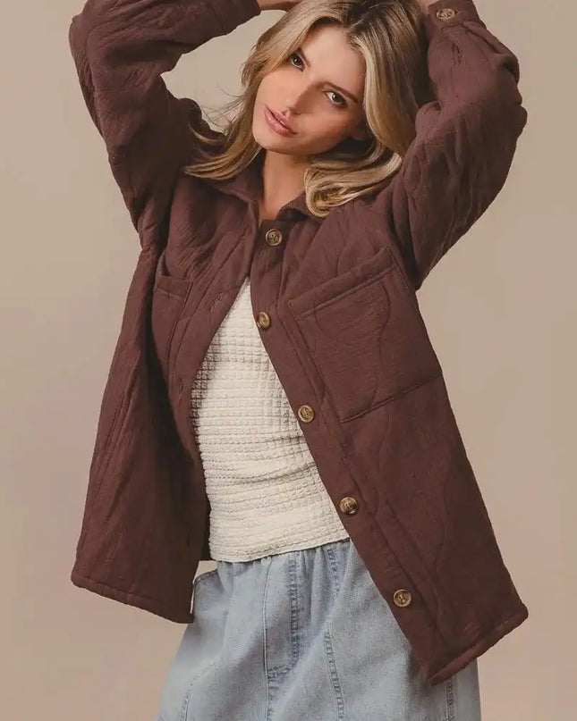 BiBi Quilted Wrinkle Gauze Long Sleeve Shacket - Sleekdenim.com