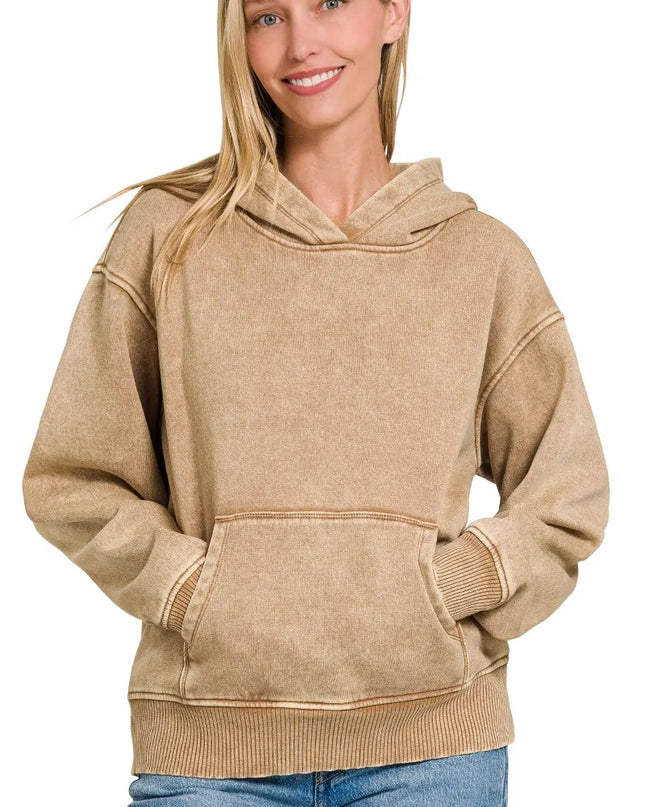 Zenana Fleece Acid Wash Kangaroo Pocket Hoodie - Sleekdenim.com