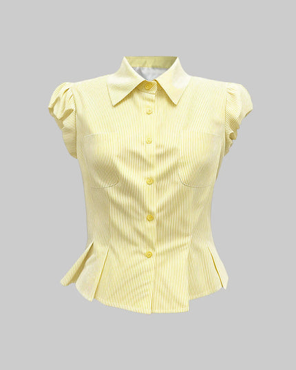 Striped Puff Sleeve Button-Up Shirt - Sleekdenim.com