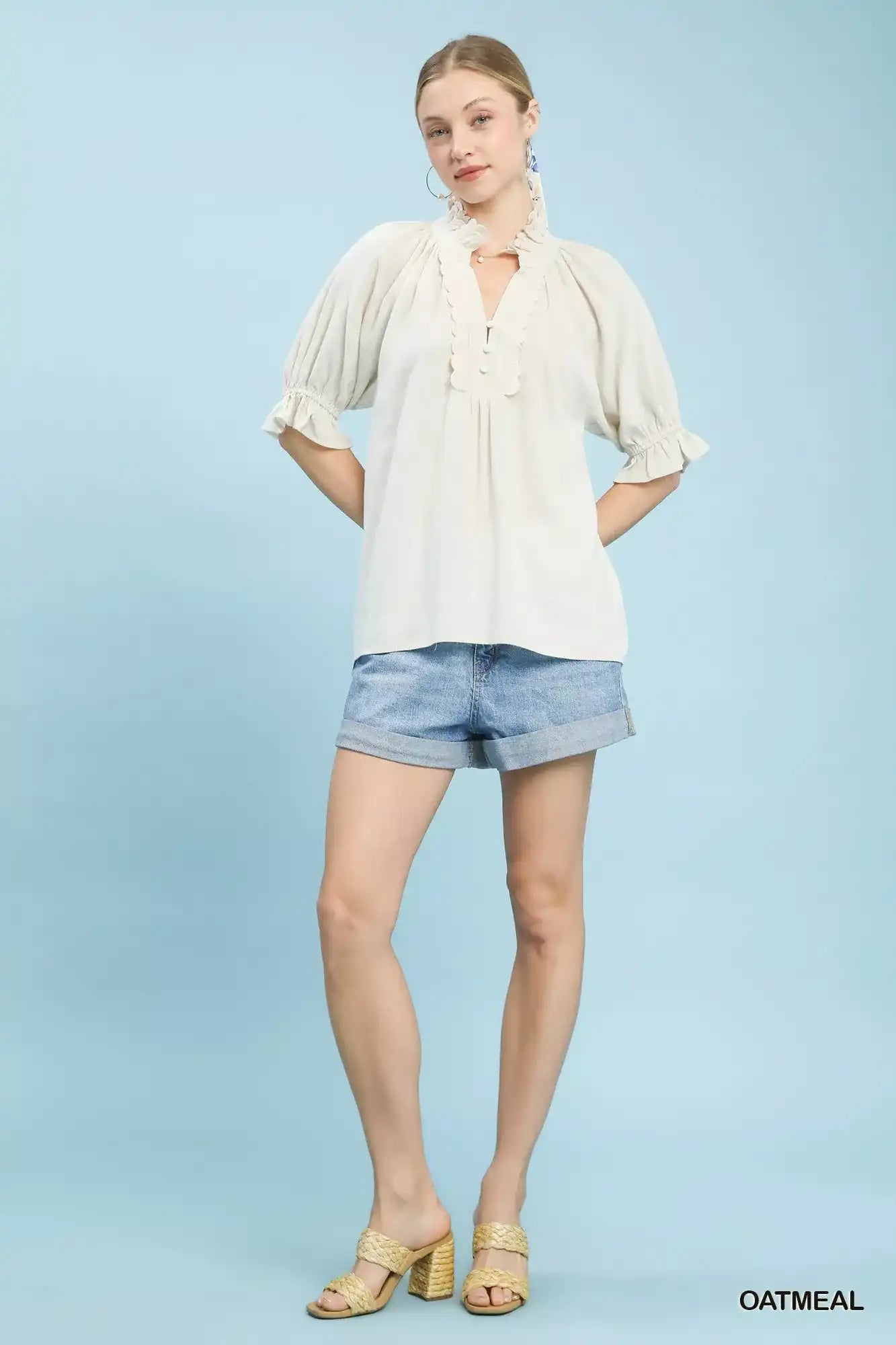 Umgee Linen Scalloped Ruffle Neck Blouse - Sleekdenim.com