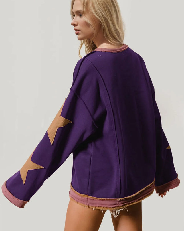 Double Take Star Patched Long Sleeve Sweatshirt - Sleekdenim.com