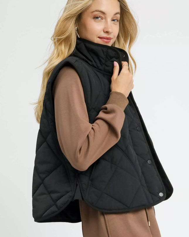 Umgee Quilted Snap-Front Puffer Vest - Sleekdenim.com