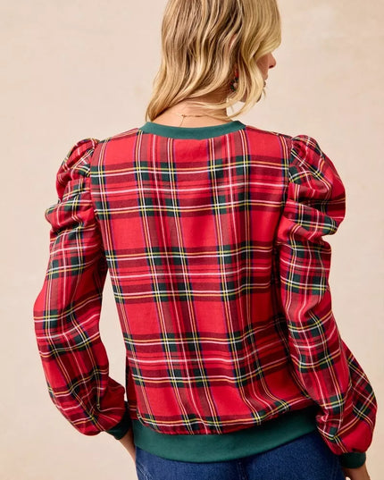BiBi Christmas Plaid Exaggerated Shoulder Sleeves Top - Sleekdenim.com