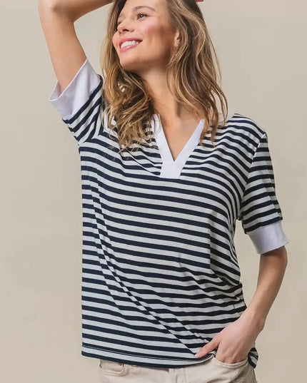 BiBi Contrast Striped Notched Knit Top - Sleekdenim.com