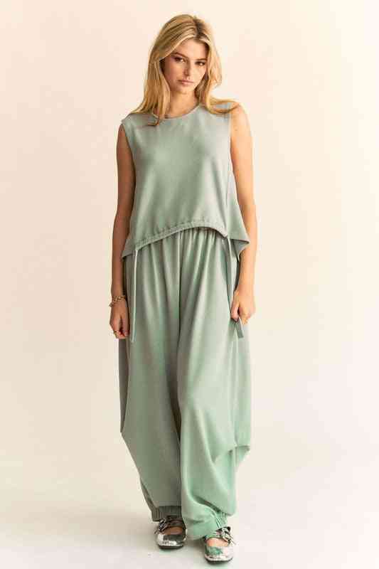 Davi & Dani Drawstring Hem Round Neck Tank and Pants Set | Sleekdenim.com