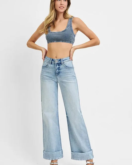RISEN Full Size Tummy Control High Rise Ankle Wide Cuffed Jeans Plus Size - Sleekdenim.com