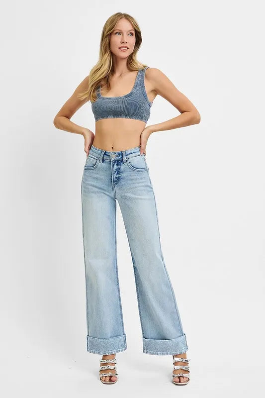 RISEN Full Size Tummy Control High Rise Ankle Wide Cuffed Jeans Plus Size - Sleekdenim.com
