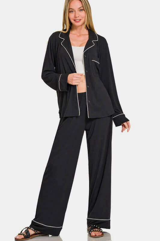 Zenana Button Down Long Sleeve Top and Pants Lounge Set | Sleekdenim.com