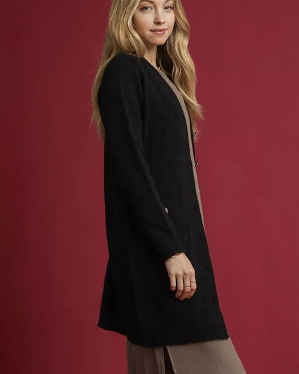 Umgee Button-Down Longline Sweater Cardigan with Front Pockets - Sleekdenim.com