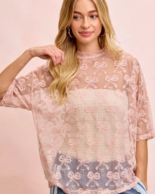 BiBi Bow Pattern Short Sleeves Boxy Mesh Top - Sleekdenim.com