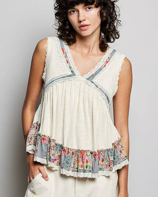 POL Lace Detail Ruffled Ribbed Sleeveless Top with Floral Pattern Trim Detail - Sleekdenim.com