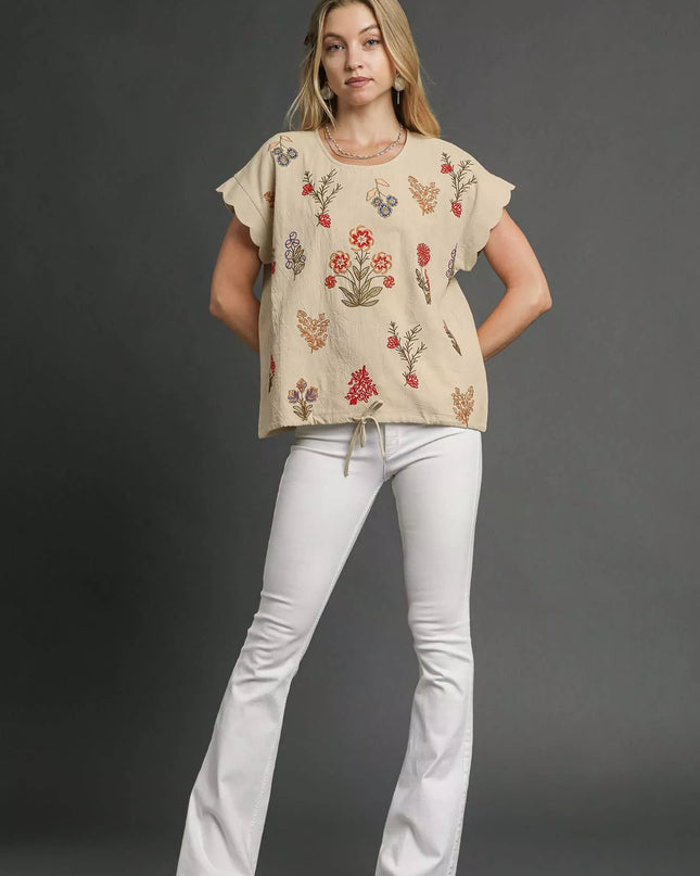 Umgee Embroidered Scallop Sleeve Top with Drawstring Hem - Sleekdenim.com