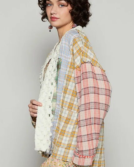 POL Raw Edge Plaid Open Front Cardigan - Sleekdenim.com