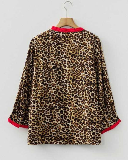 Leopard Contrast Ruffle Trim Buttoned V-Neck Shirt - Sleekdenim.com