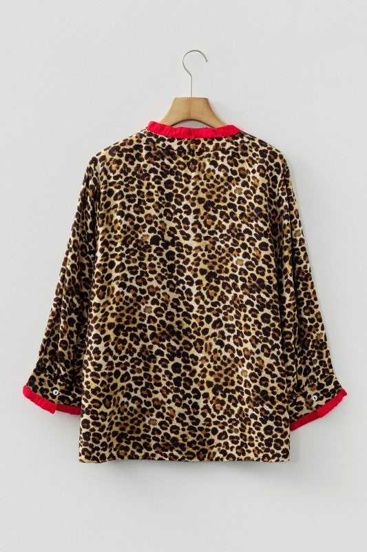 Leopard Contrast Ruffle Trim Buttoned V-Neck Shirt - Sleekdenim.com