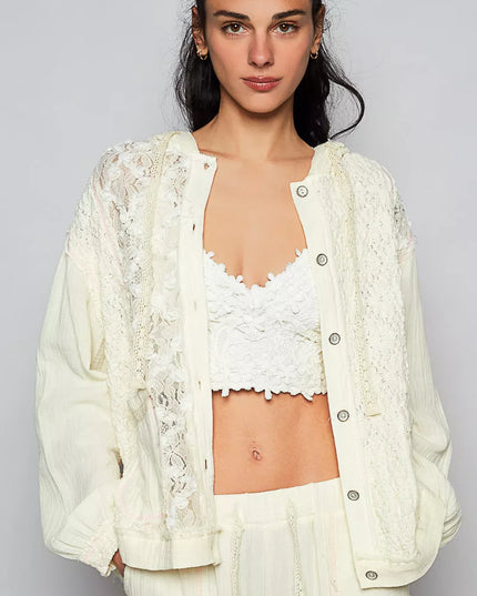 POL Exposed Seam Button Down Hooded Jacket with Lace Detail - Sleekdenim.com