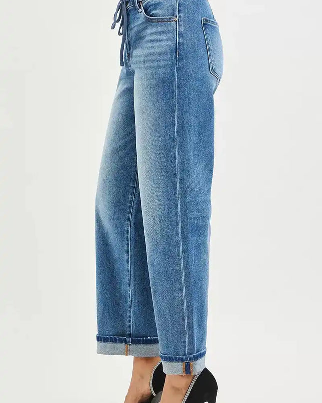 RISEN Elastic Band Slouch Ankle Boyfriend Cuffed Hem Jeans - Sleekdenim.com
