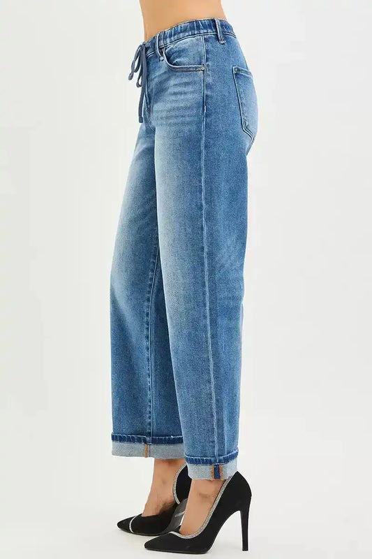 RISEN Elastic Band Slouch Ankle Boyfriend Cuffed Hem Jeans PGA21558