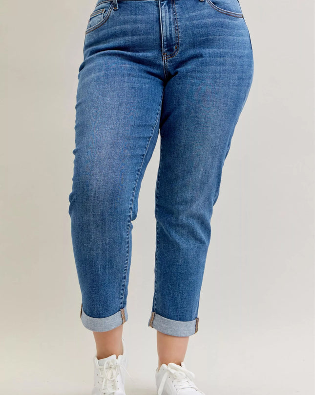 Judy Blue Full Size Mid Rise BF Classic Cuffed Jeans Plus Size - Sleekdenim.com
