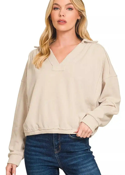 Zenana French Terry Collared Exposed Seam Sweatshirt - Sleekdenim.com