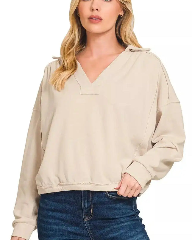 Zenana French Terry Collared Exposed Seam Sweatshirt - Sleekdenim.com