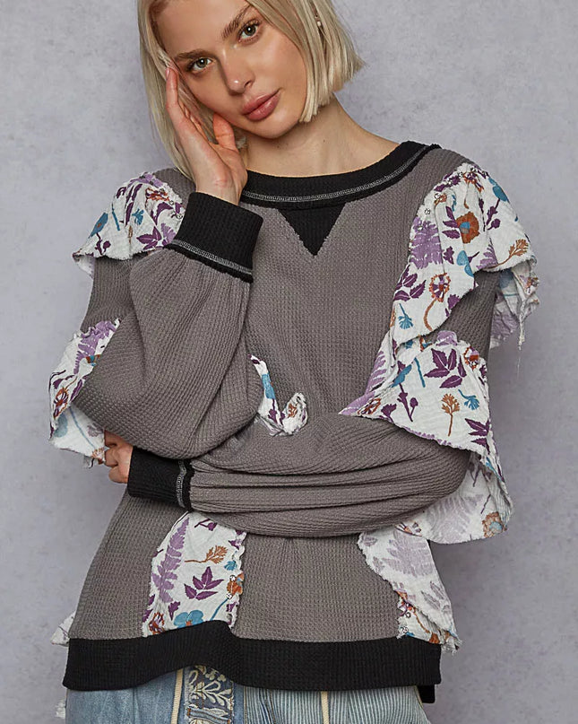 POL Round Neck Sweater with Floral Ruffle Detail - Sleekdenim.com