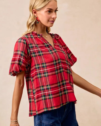 BiBi Christmas Plaid Short Sleeves Ruffled Blouse - Sleekdenim.com