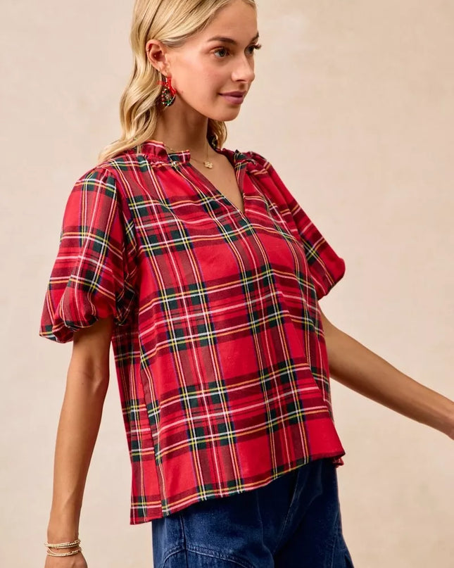 BiBi Christmas Plaid Short Sleeves Ruffled Blouse - Sleekdenim.com