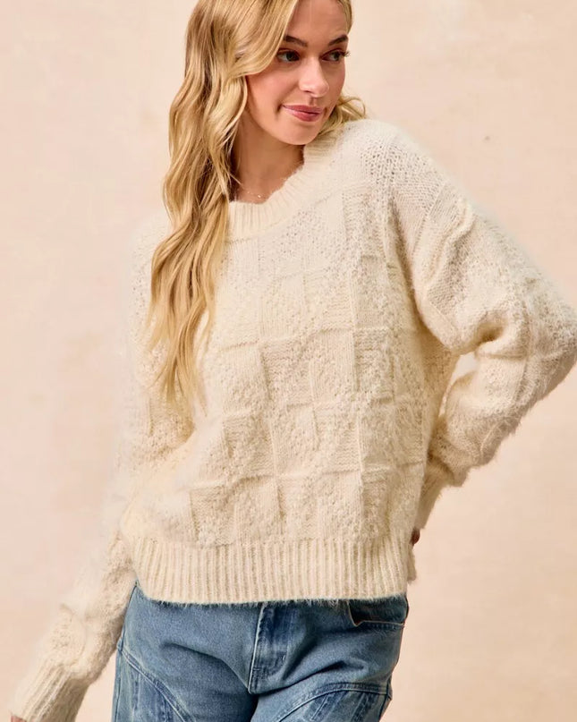 BiBi Checker Board Drop Shoulder Sweater - Sleekdenim.com