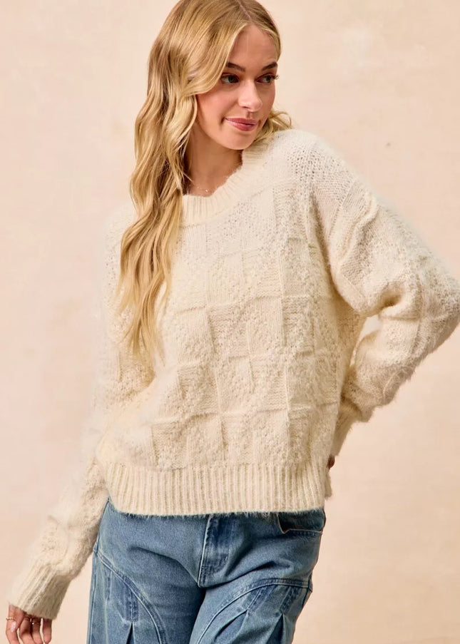 BiBi Checker Board Drop Shoulder Sweater - Sleekdenim.com