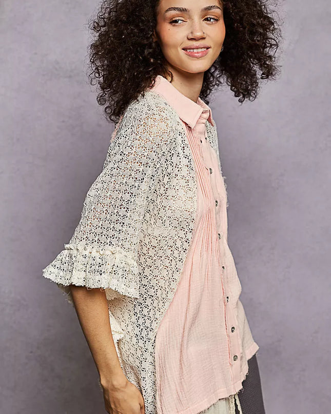 POL Button Down Front Pleated Shirt with Crochet Patch - Sleekdenim.com