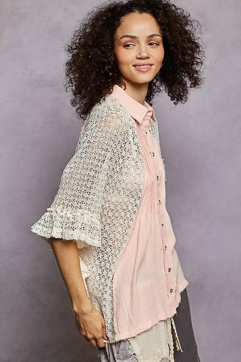 POL Button Down Front Pleated Shirt with Crochet Patch - Sleekdenim.com