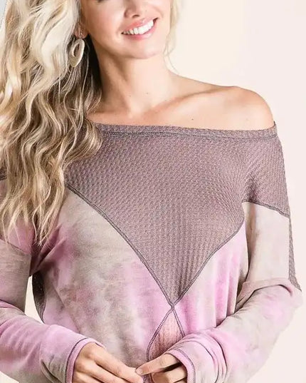 BiBi Thermal Waffle Color Block Top with Tie Dye - Sleekdenim.com