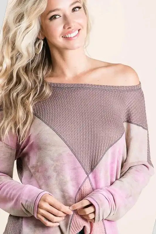 BiBi Thermal Waffle Color Block Top with Tie Dye - Sleekdenim.com