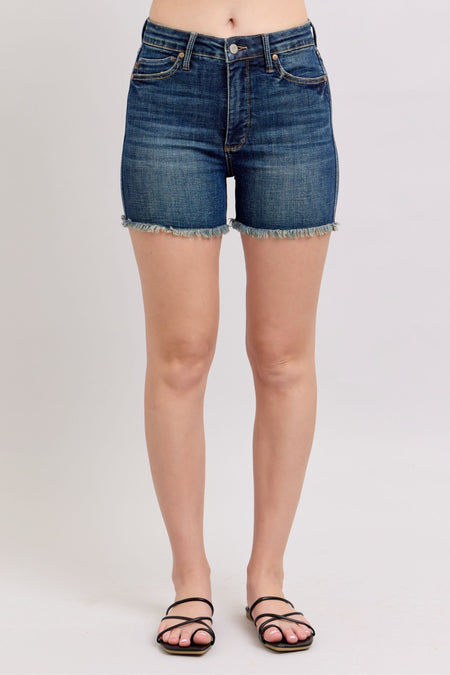 Judy Blue Tummy Control Fray Hem & Shield Back Pockets Denim Shorts | Sleekdenim.com