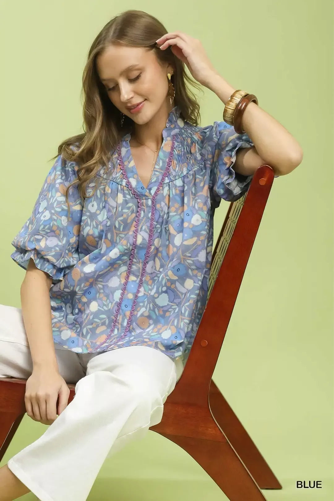 Umgee Smocked Floral Ruffle Trim Top - 6