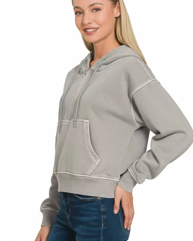 Zenana Fleece Pigment Dye Half Zip Kangaroo Pocket Hoodie - Sleekdenim.com