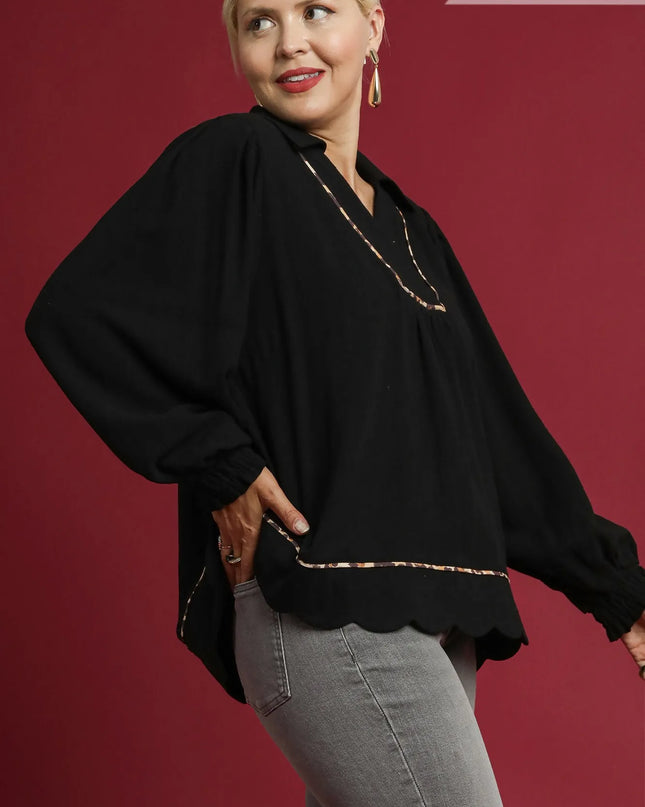 Umgee Full Size Linen Scallop Hem Blouse with Contrast Trim Plus Size - Sleekdenim.com