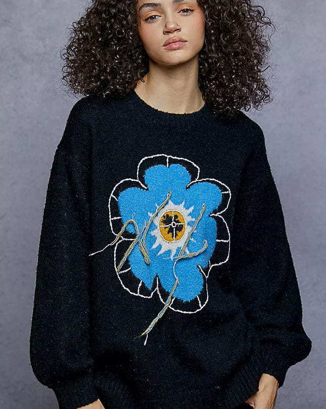 POL Floral Pattern Round Neck Sweater with Exposed Stitching - Sleekdenim.com