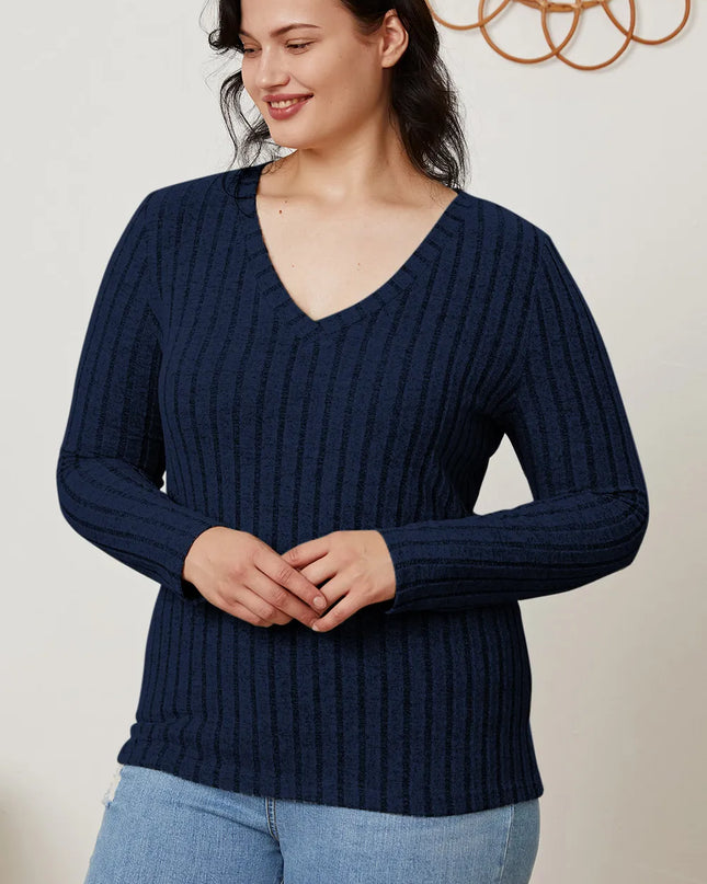 Basic Bae Full Size Ribbed V-Neck Long Sleeve T-Shirt - Sleekdenim.com