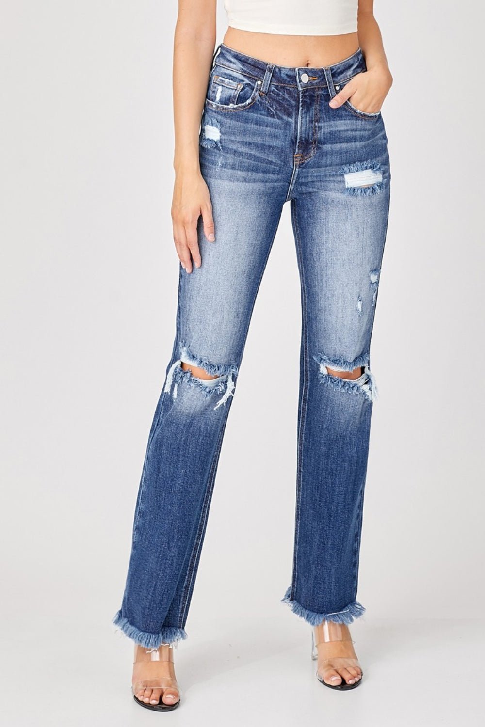 Risen Full Size Raw Hem Distressed Straight Jeans | Sleekdenim.com