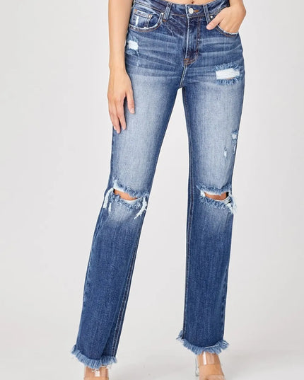 Risen Full Size Raw Hem Distressed Straight Jeans - Sleekdenim.com