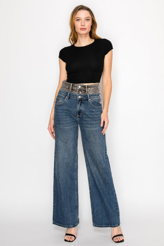 Double Snap On Waistband Layered High Rise Wide - Sleekdenim.com