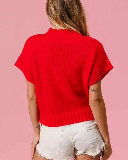 BiBi Rib Banded Heart Pattern Valentines Sweater - Sleekdenim.com